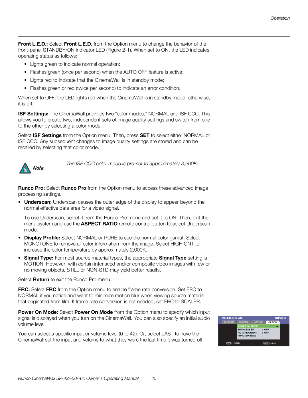 Runco SP-50, SP-42, SP-60 manual ISF CCC color mode is pre-set to approximately 3,200K 