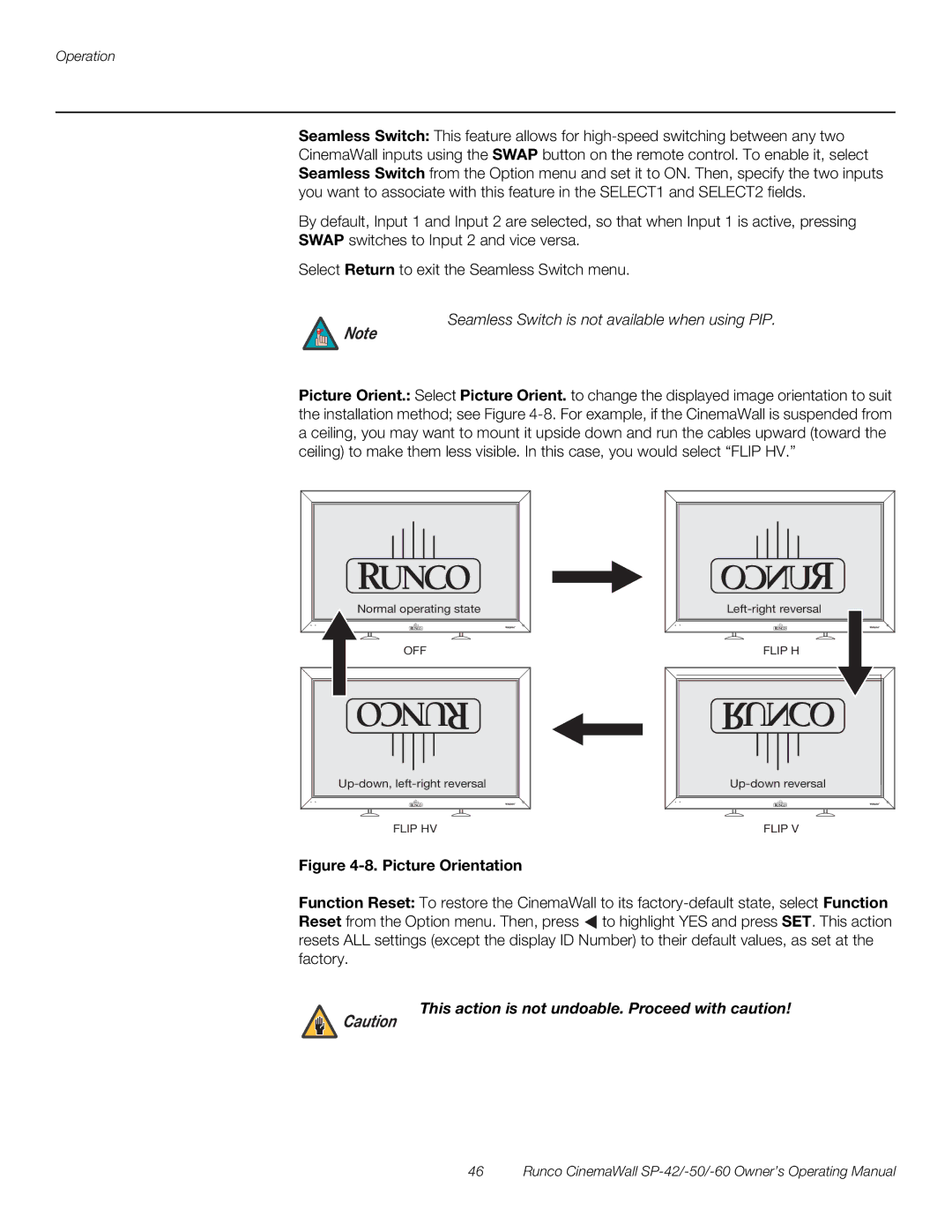 Runco SP-60, SP-42 manual Seamless Switch is not available when using PIP, This action is not undoable. Proceed with caution 