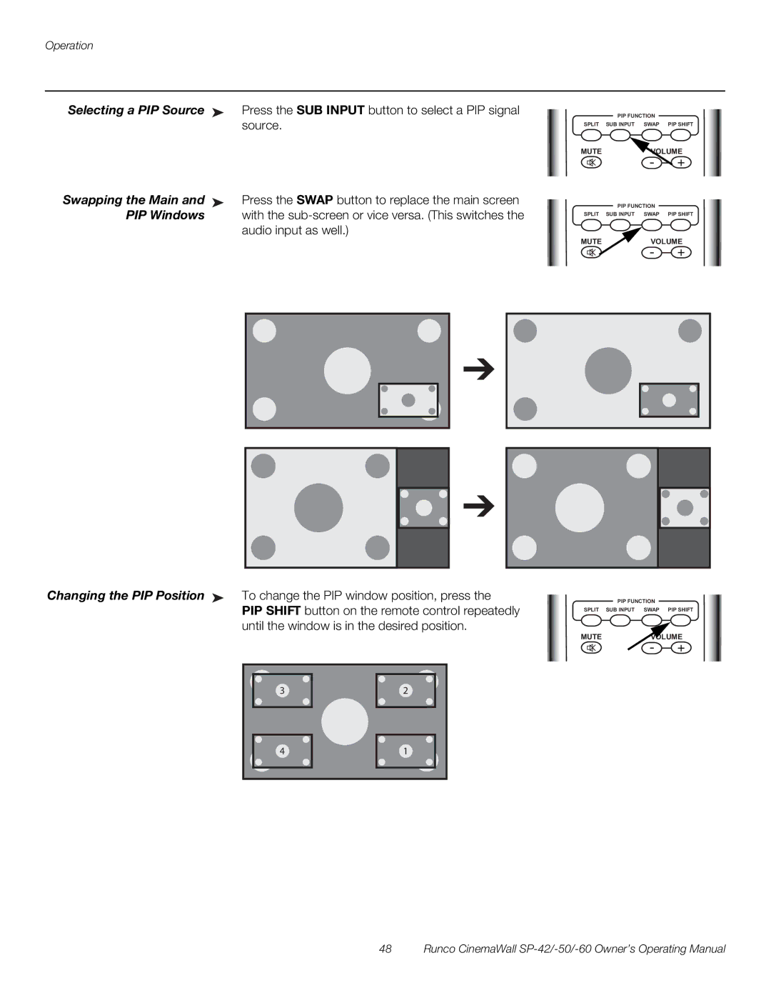 Runco SP-50, SP-42, SP-60 manual Swapping the Main, PIP Windows 