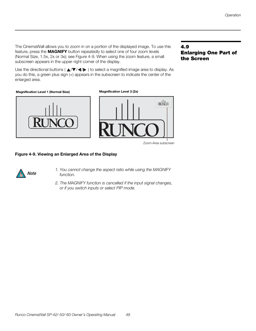 Runco SP-60, SP-42, SP-50 manual Enlarging One Part of the Screen, Viewing an Enlarged Area of the Display 