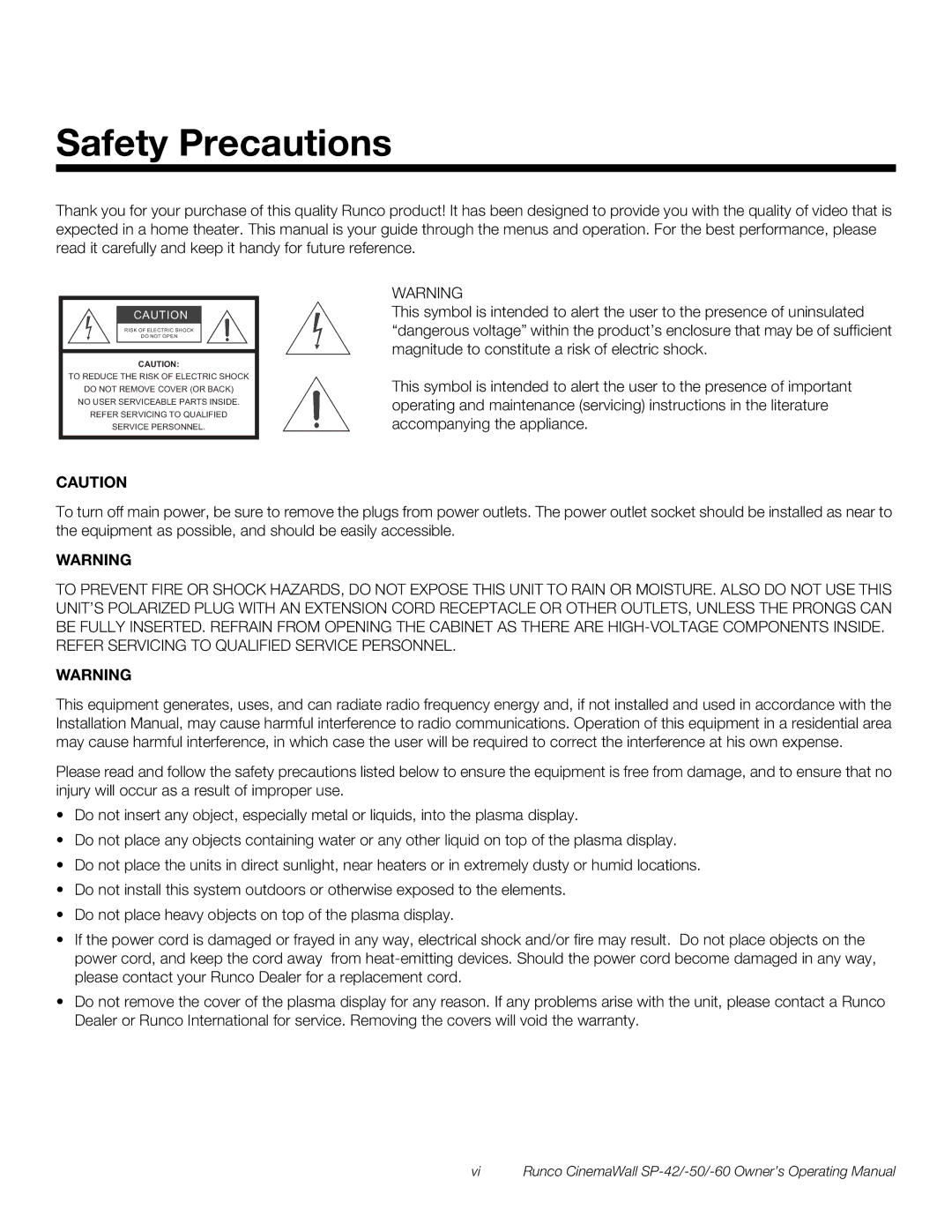 Runco SP-42, SP-50, SP-60 manual Safety Precautions 