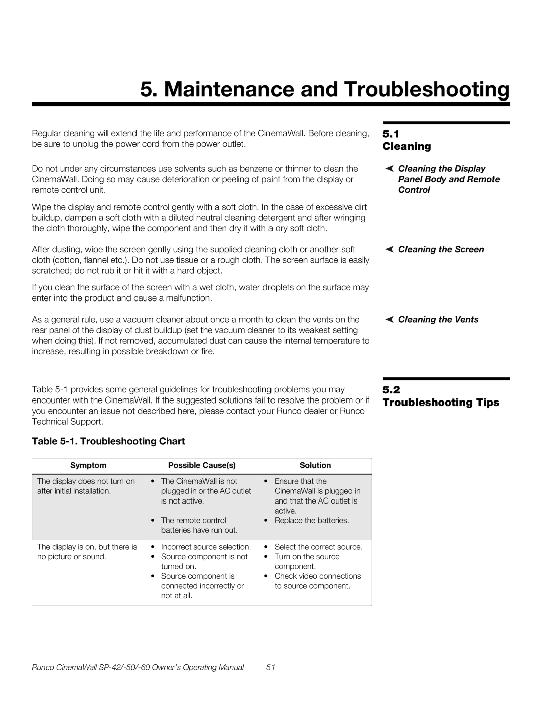 Runco SP-50, SP-42, SP-60 Maintenance and Troubleshooting, Troubleshooting Tips, Cleaning the Screen Cleaning the Vents 