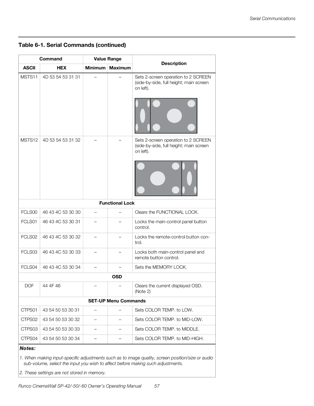 Runco SP-50, SP-42 Sets 2-screen operation to 2 Screen, Side-by-side, full height main screen, On left, Functional Lock 