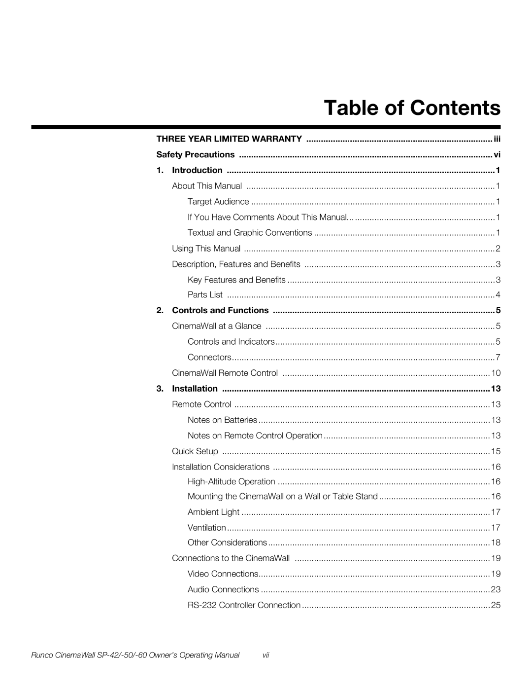 Runco SP-50, SP-42, SP-60 manual Table of Contents 