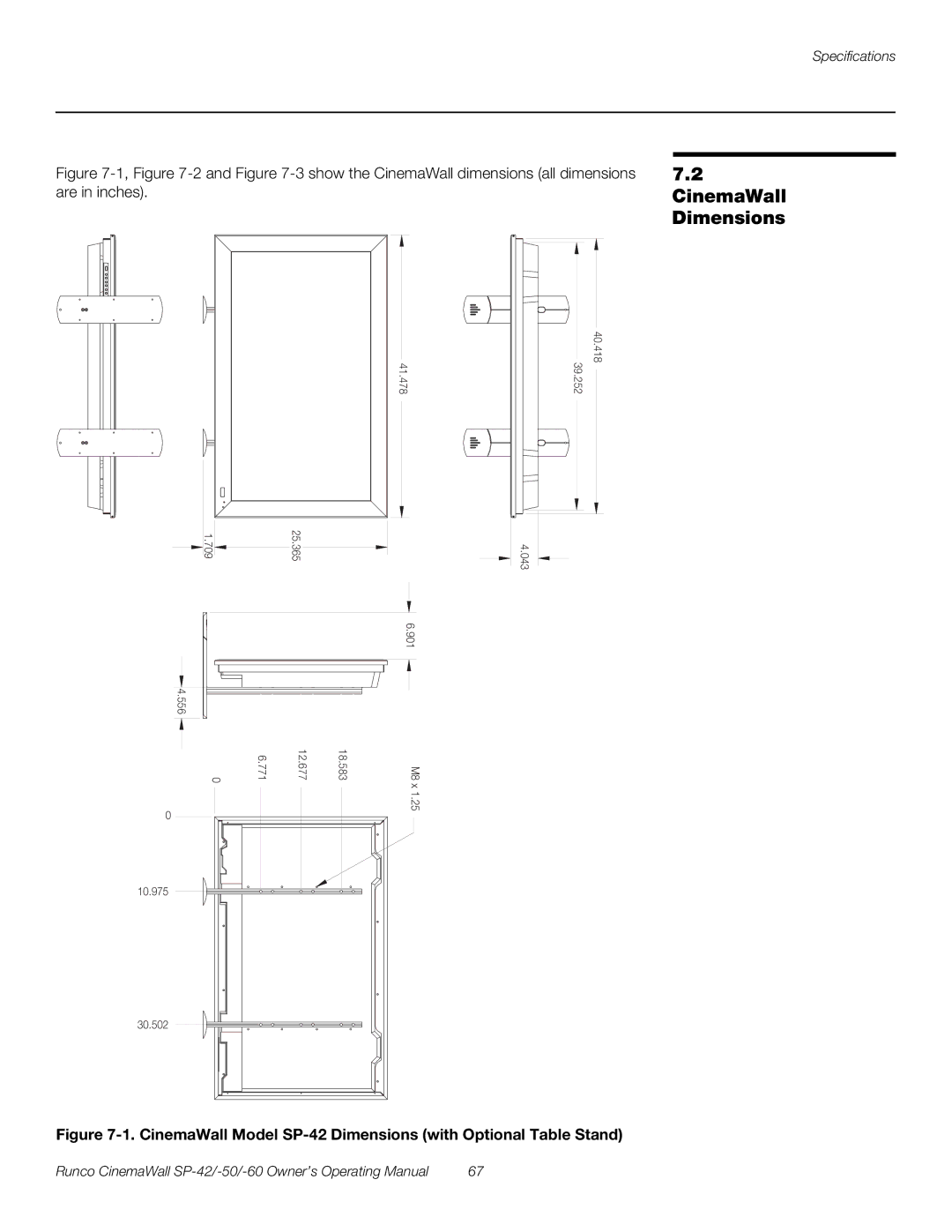 Runco SP-60, SP-42, SP-50 manual CinemaWall, Dimensions 