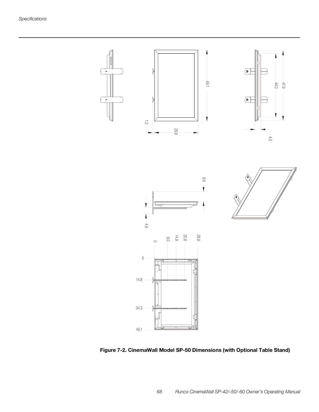 Runco SP-42, SP-60 manual CinemaWall Model SP-50 Dimensions with Optional Table Stand 