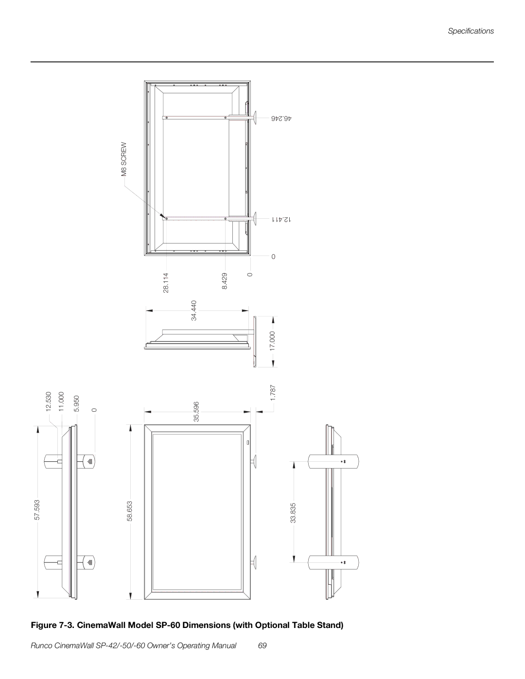 Runco SP-50, SP-42 manual CinemaWall Model SP-60 Dimensions with Optional Table Stand 