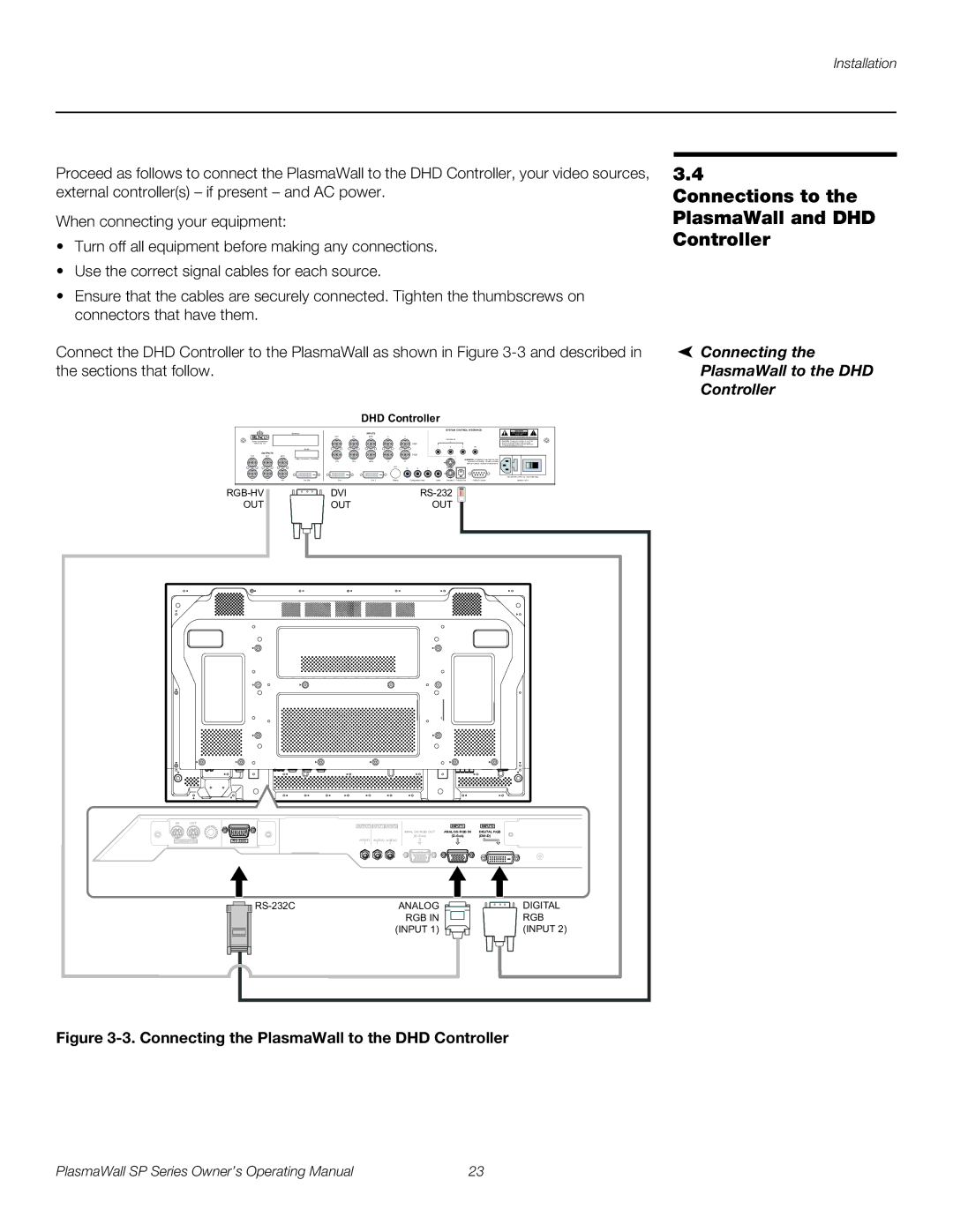 Runco SP-42DHD, SP-60DHD Connections to the PlasmaWall and DHD Controller, Connecting PlasmaWall to the DHD Controller 