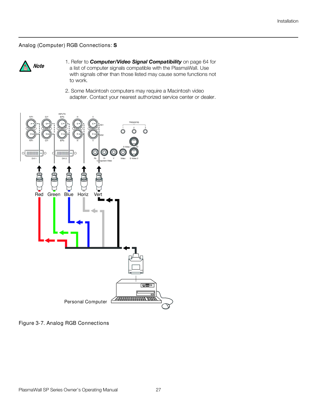 Runco SP-60DHD Analog Computer RGB Connections See Figure, Refer to Computer/Video Signal Compatibility on page 64 for 