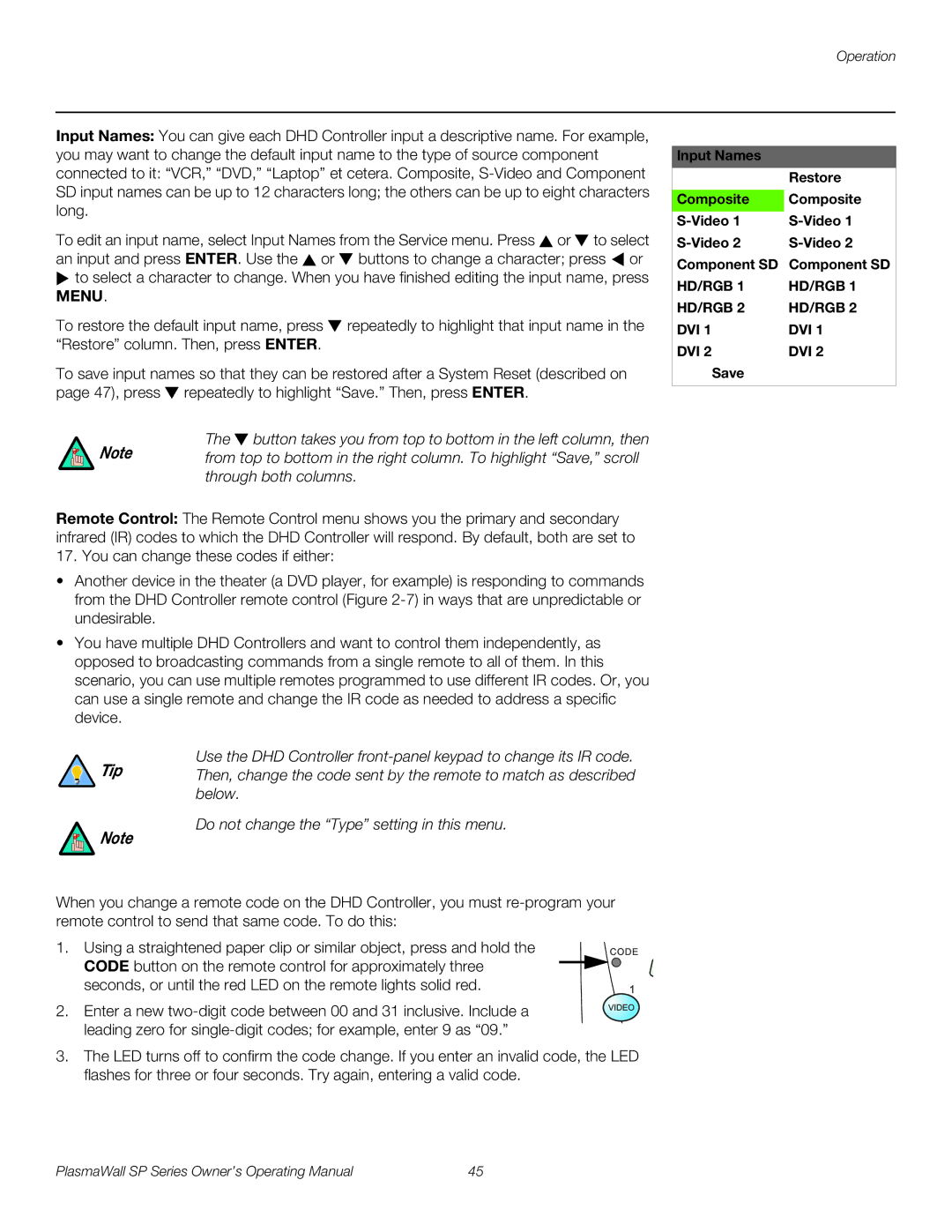 Runco SP-60DHD, SP-42DHD, SP-50DHD manual Input Names Restore Composite Video Component SD, Save 