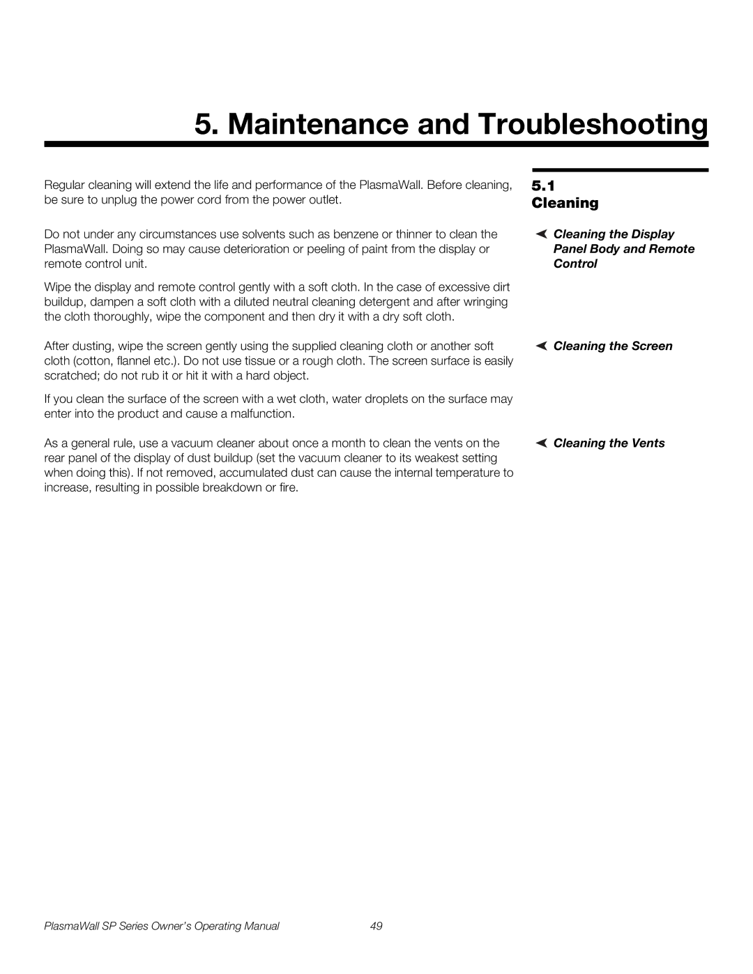 Runco SP-50DHD Maintenance and Troubleshooting, Cleaning the Display Panel Body and Remote Control, Cleaning the Vents 