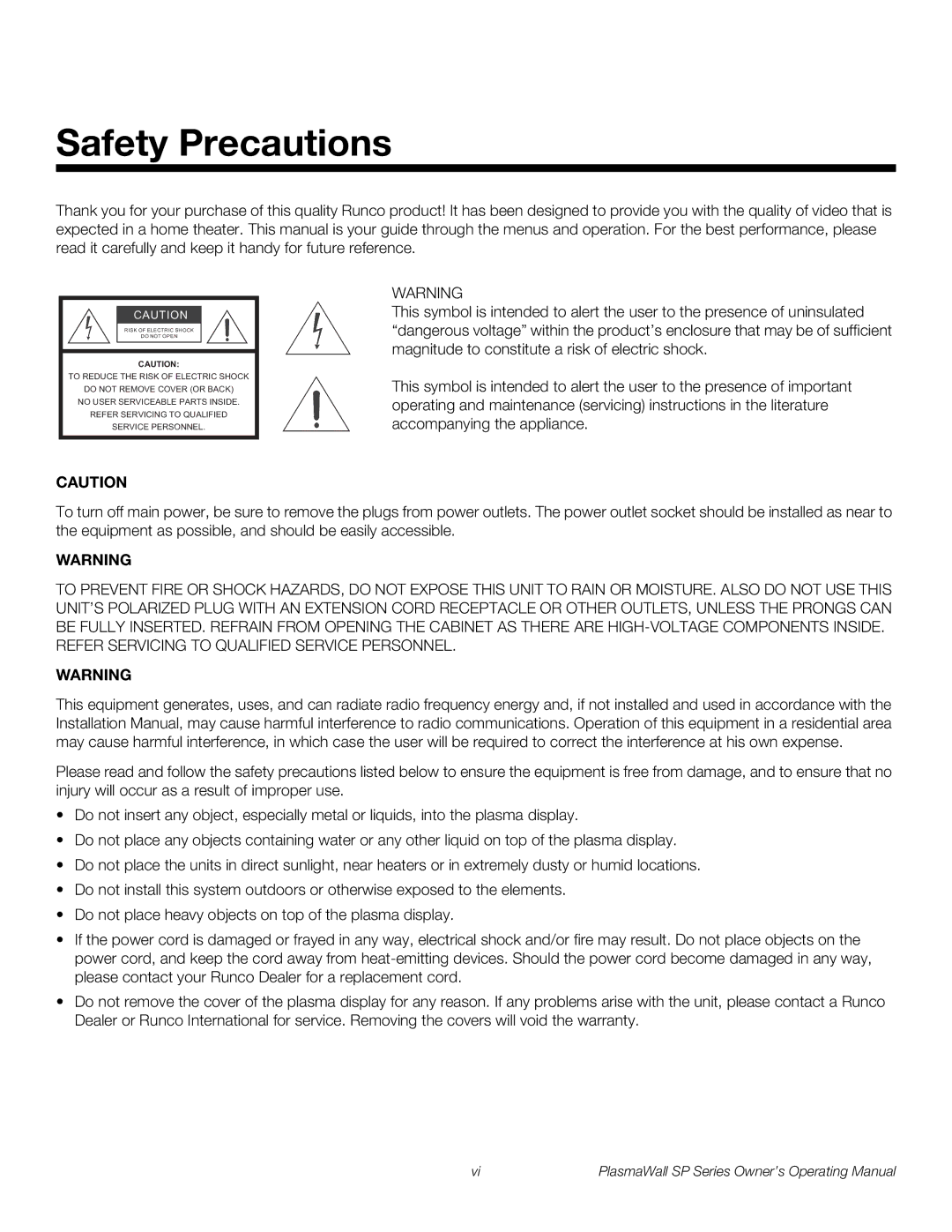 Runco SP-42DHD, SP-60DHD, SP-50DHD manual Safety Precautions 