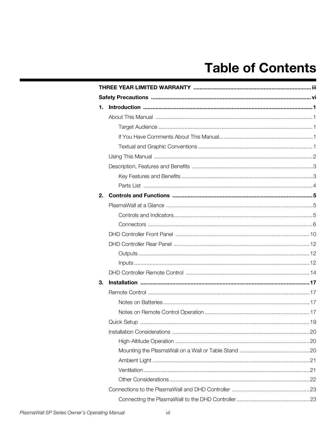 Runco SP-60DHD, SP-42DHD, SP-50DHD manual Table of Contents 