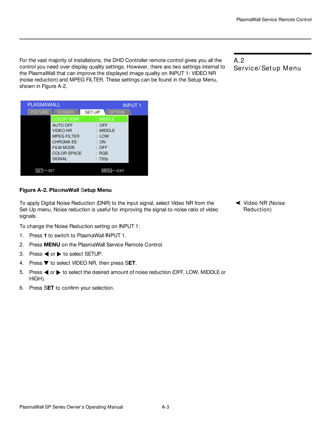 Runco SP-60DHD, SP-42DHD, SP-50DHD manual Service/Setup Menu, Video NR Noise, Reduction 