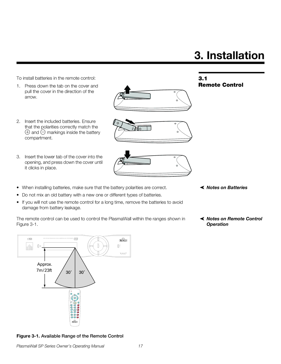 Runco SP-50DHD / SP-50DHDXA, SP-42DHD / SP-42DHDXA, SP-60DHD / SP-60DHDXA manual Installation, Remote Control 