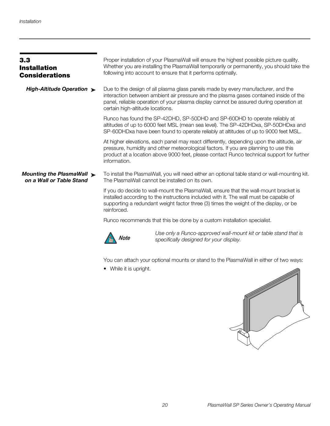 Runco SP-50DHD / SP-50DHDXA manual Installation, Considerations, High-Altitude Operation, Mounting the PlasmaWall 