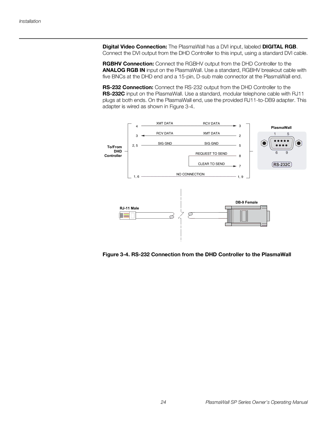 Runco SP-42DHD / SP-42DHDXA, SP-50DHD / SP-50DHDXA manual RS-232 Connection from the DHD Controller to the PlasmaWall 