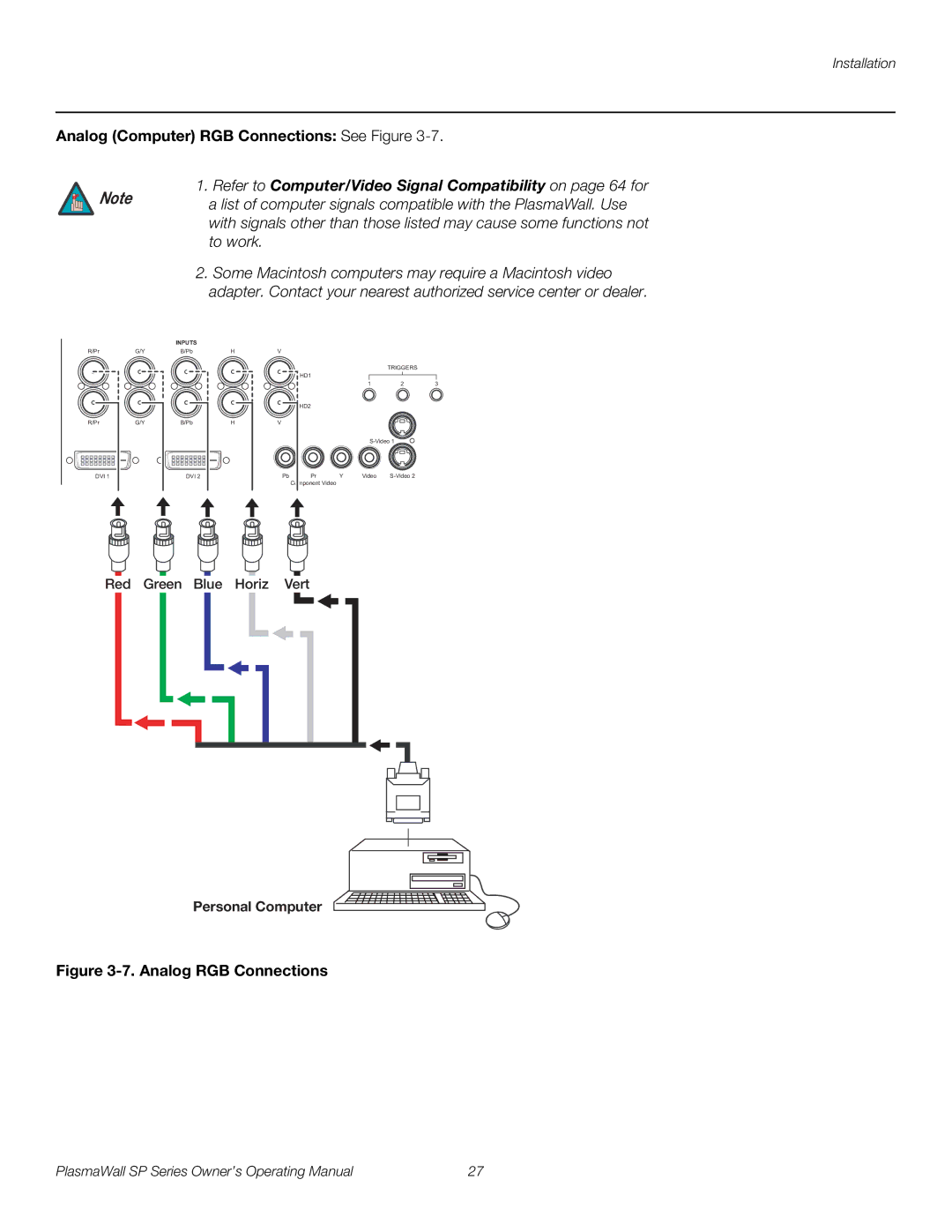 Runco SP-42DHD / SP-42DHDXA, SP-50DHD / SP-50DHDXA manual Analog Computer RGB Connections See Figure, Personal Computer 