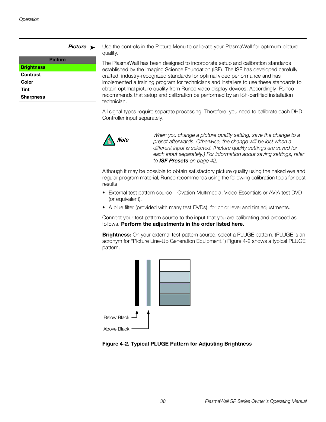 Runco SP-50DHD / SP-50DHDXA, SP-42DHD / SP-42DHDXA manual Picture Brightness Contrast Color Tint Sharpness 