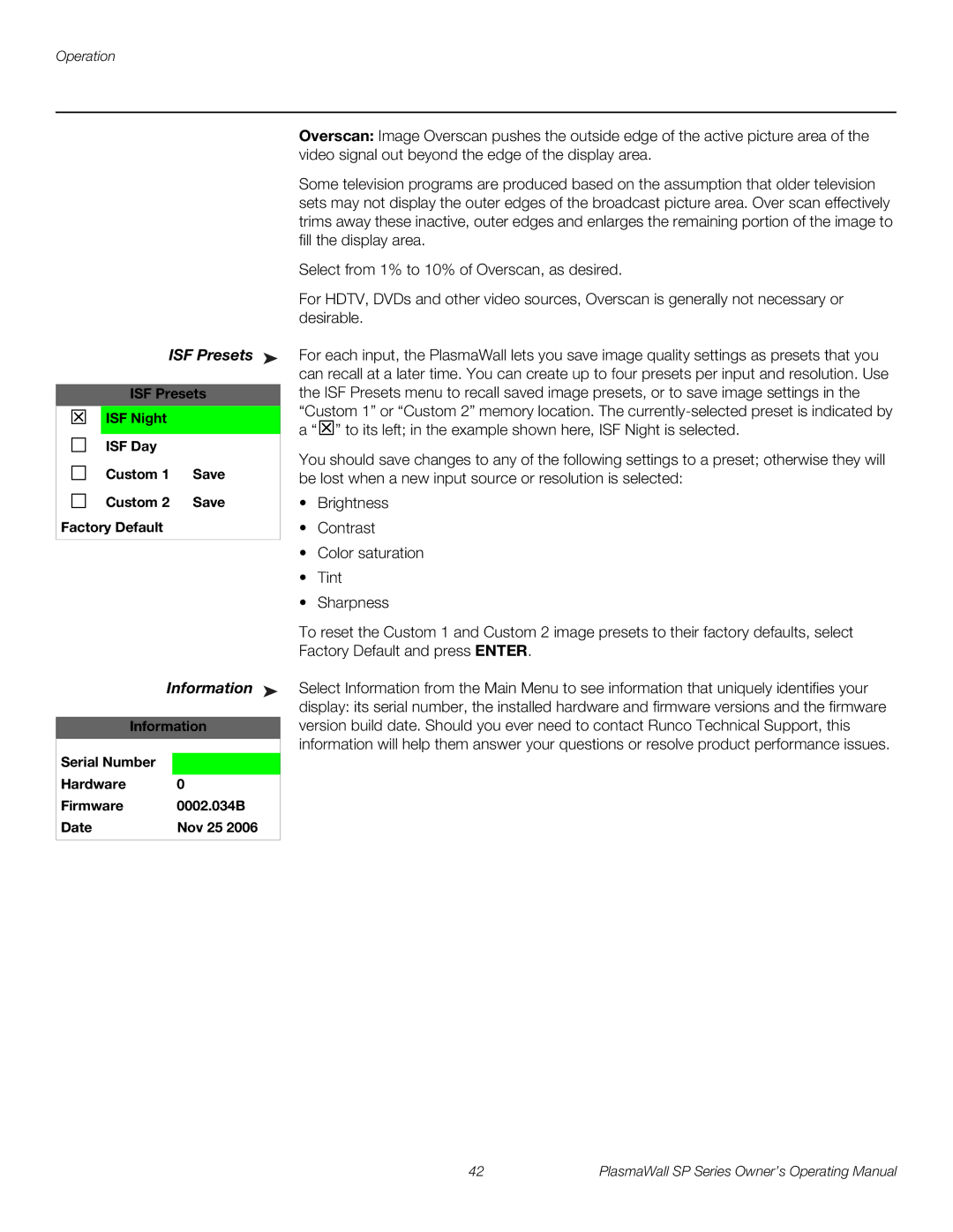 Runco SP-42DHD / SP-42DHDXA manual Information, ISF Presets ISF Night ISF Day Custom Save Factory Default 