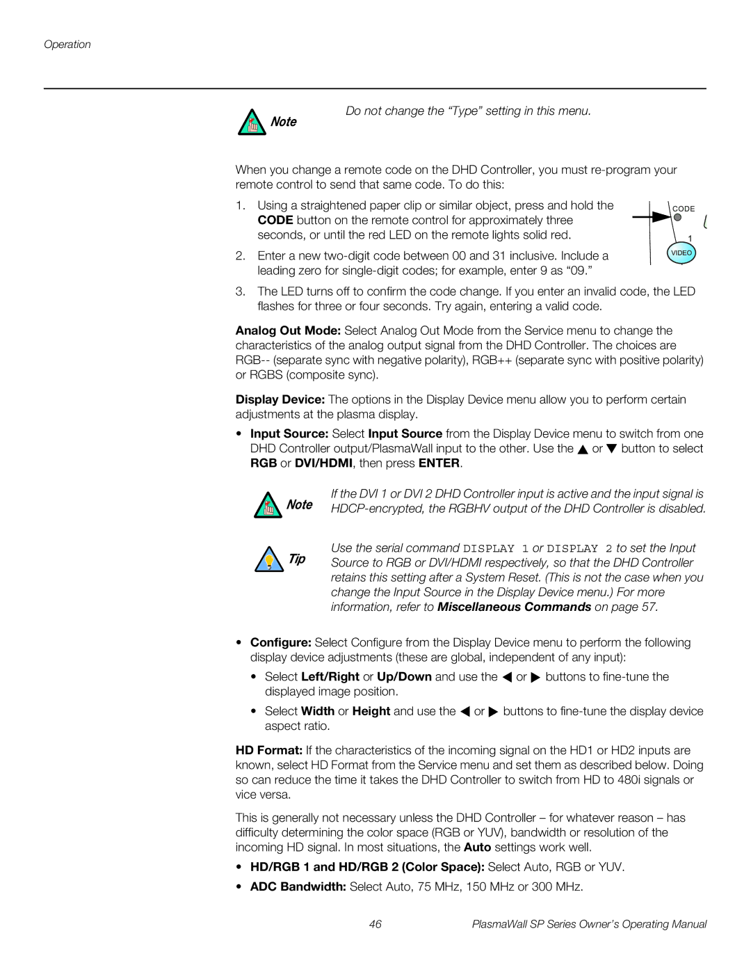 Runco SP-60DHD / SP-60DHDXA, SP-50DHD / SP-50DHDXA, SP-42DHD / SP-42DHDXA manual Do not change the Type setting in this menu 