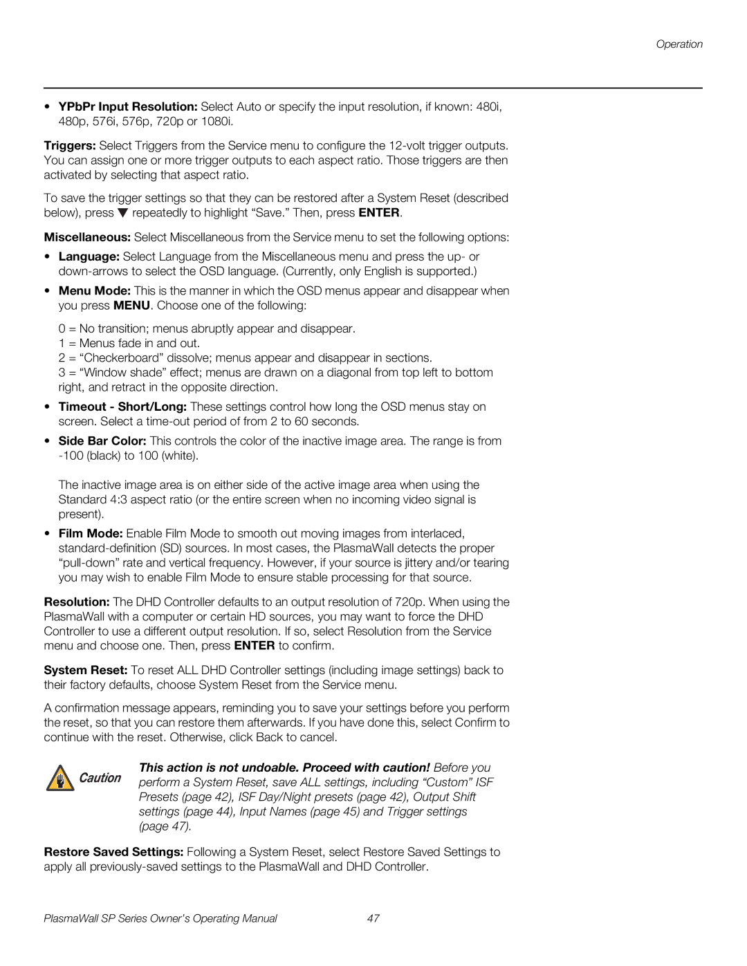 Runco SP-50DHD / SP-50DHDXA, SP-42DHD / SP-42DHDXA, SP-60DHD / SP-60DHDXA manual Operation 