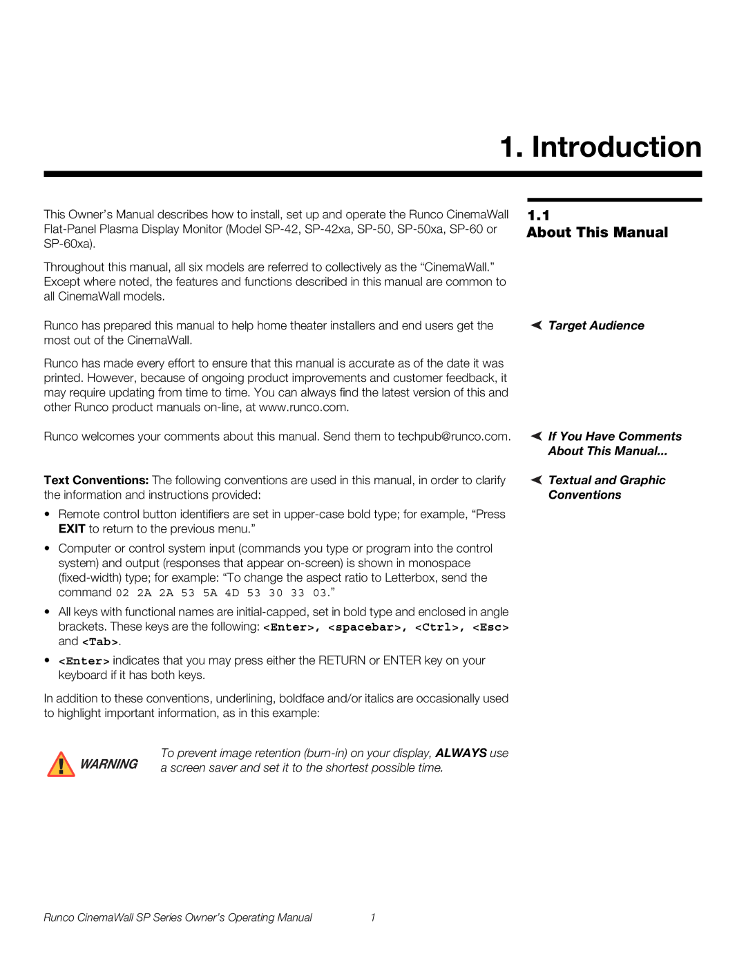 Runco SP-50xa, SP-60xa, SP-42xa manual Introduction, About This Manual 