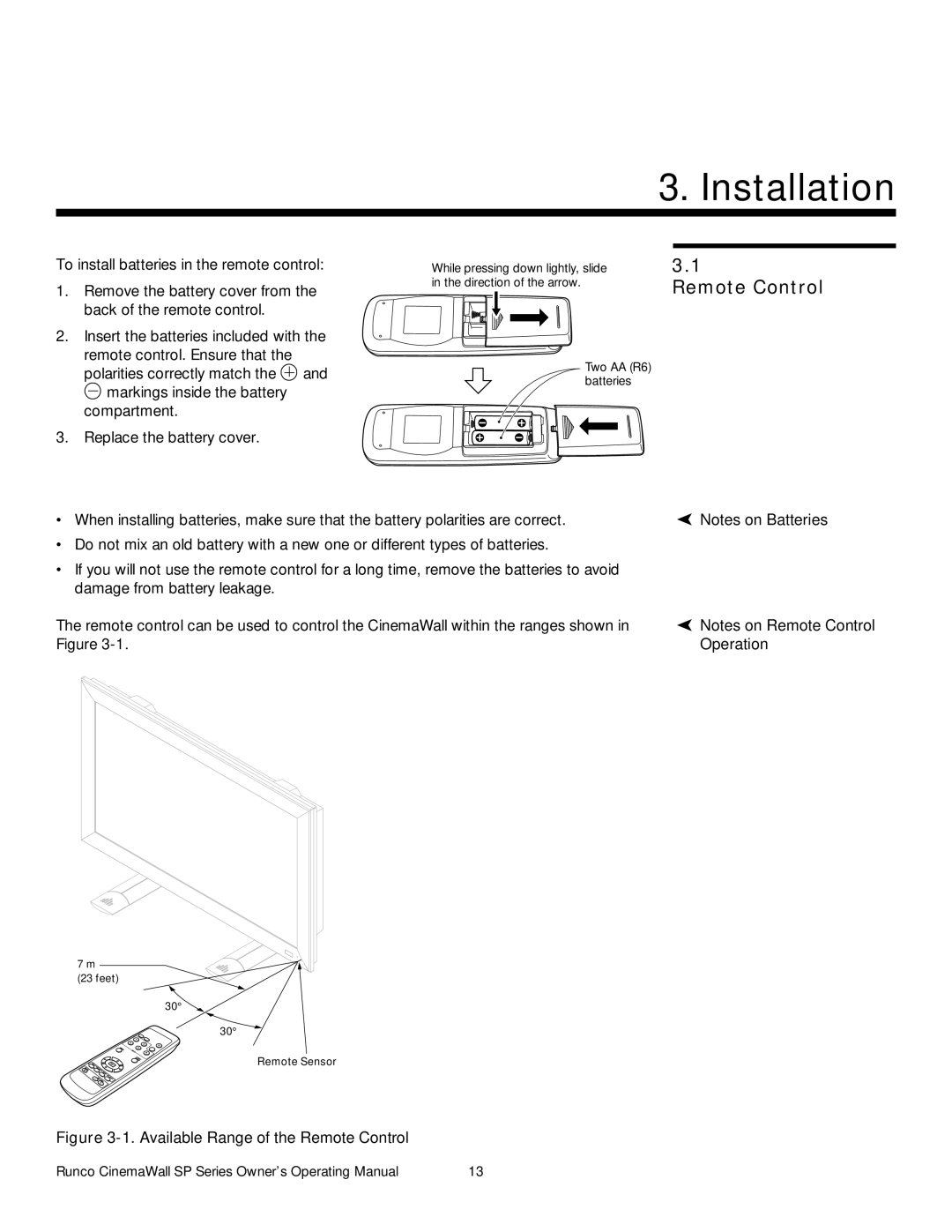 Runco SP-50xa, SP-60xa, SP-42xa manual Installation, Remote Control 