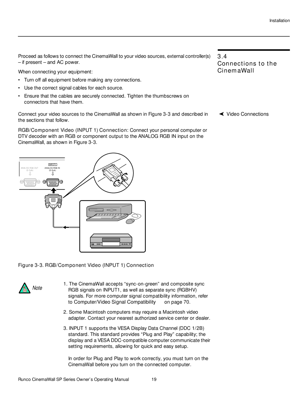 Runco SP-50xa, SP-60xa, SP-42xa manual Connections to the CinemaWall, Video Connections 