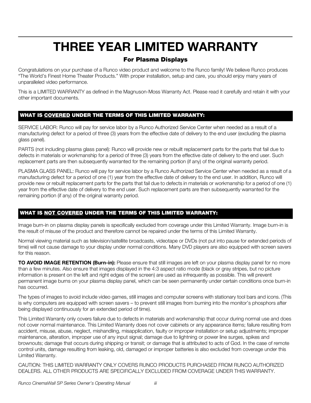 Runco SP-60xa, SP-42xa, SP-50xa manual Three Year Limited Warranty, For Plasma Displays 