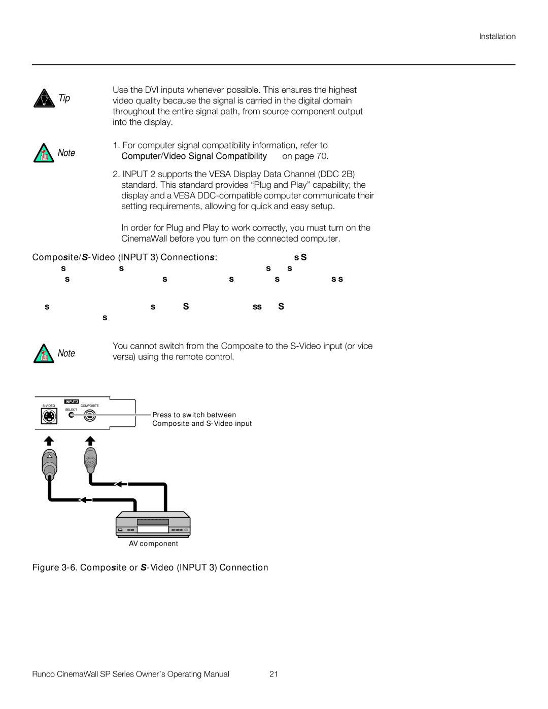 Runco SP-42xa, SP-60xa, SP-50xa manual Computer/Video Signal Compatibility on, Composite or S-Video Input 3 Connection 