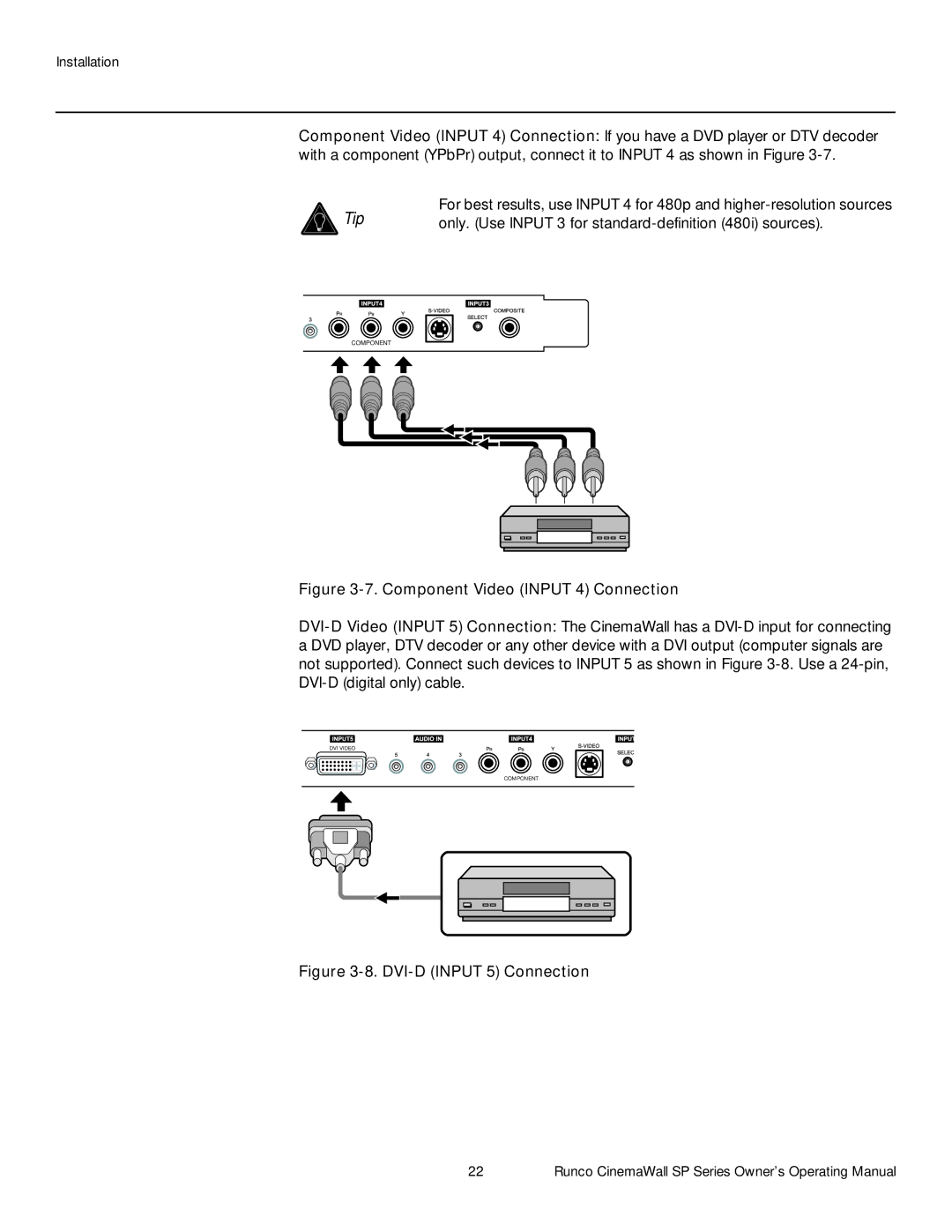 Runco SP-50xa, SP-60xa, SP-42xa manual Component Video Input 4 Connection 