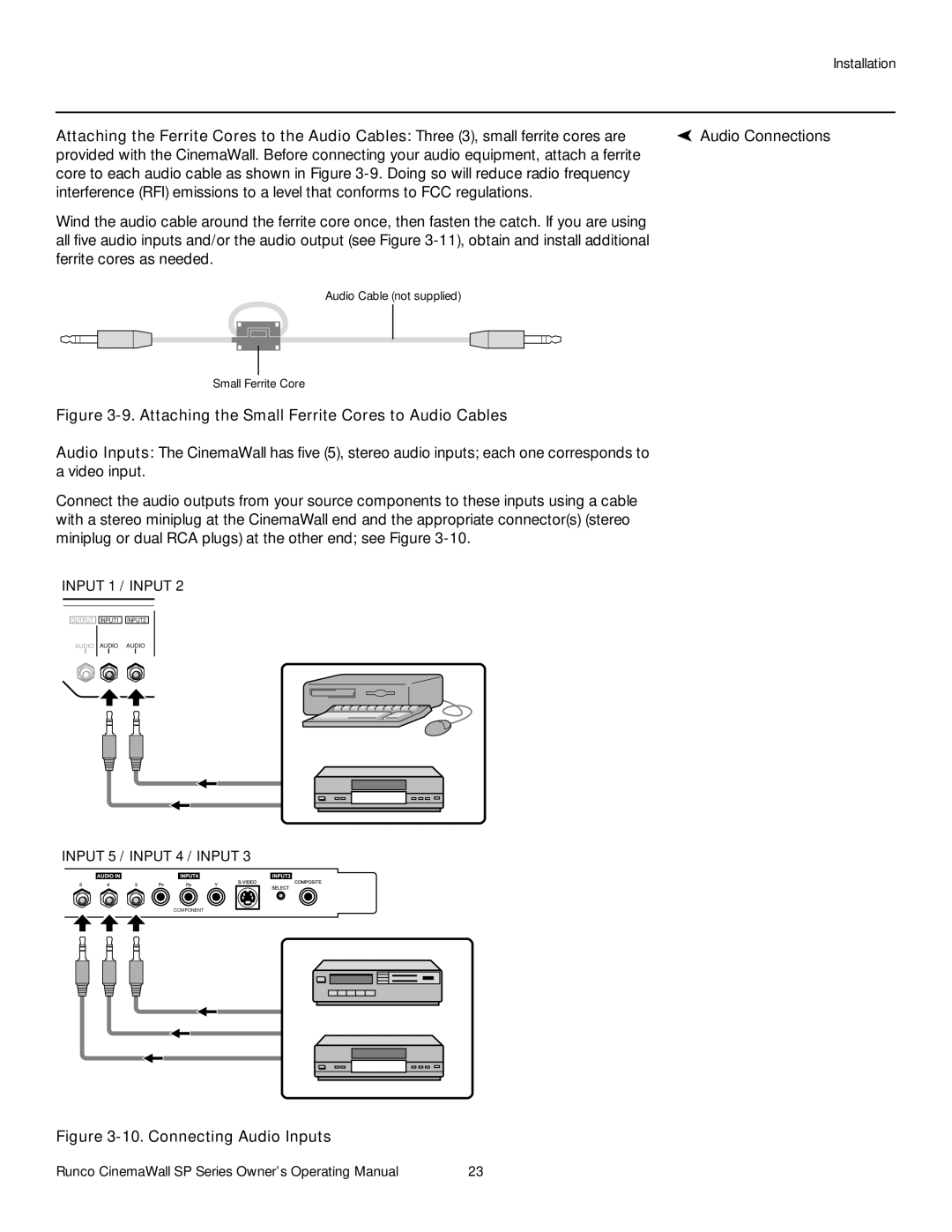 Runco SP-60xa, SP-42xa, SP-50xa manual Audio Connections, Attaching the Small Ferrite Cores to Audio Cables 