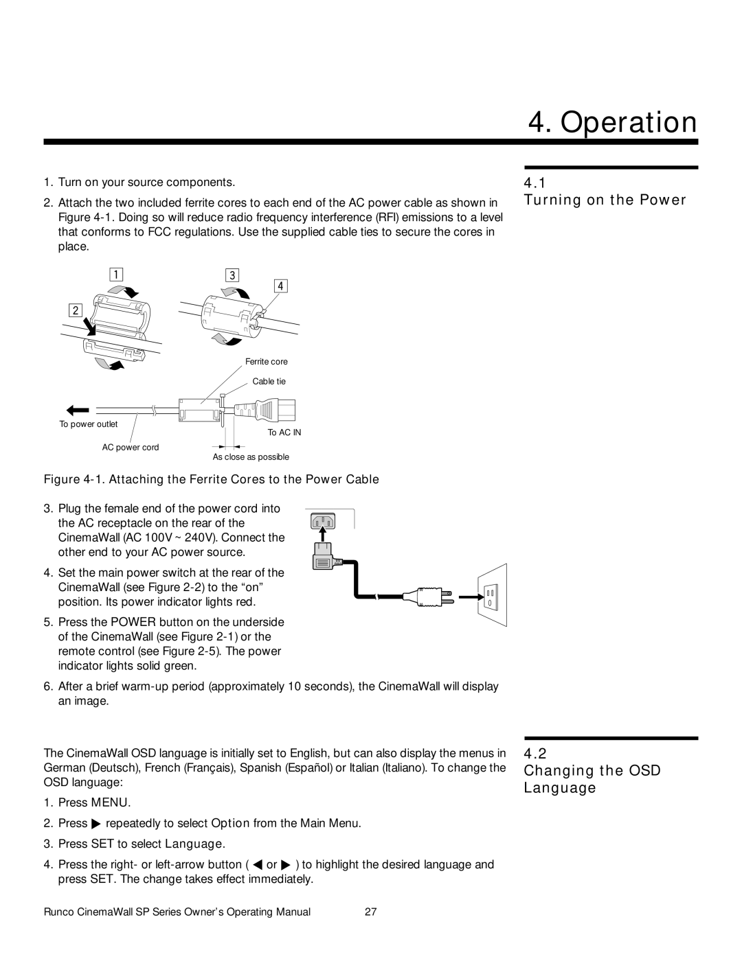 Runco SP-42xa, SP-60xa, SP-50xa manual Operation, Turning on the Power, Changing the OSD Language 