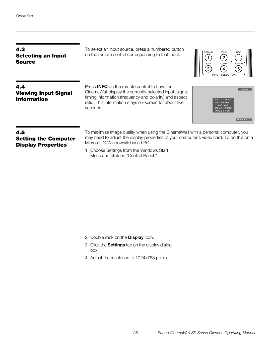 Runco SP-50xa, SP-60xa Selecting an Input Source Viewing Input Signal Information, Setting the Computer Display Properties 