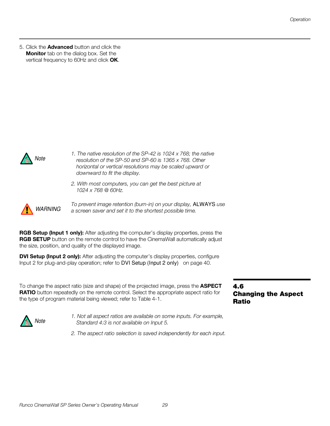 Runco SP-60xa, SP-42xa, SP-50xa manual Changing the Aspect Ratio 
