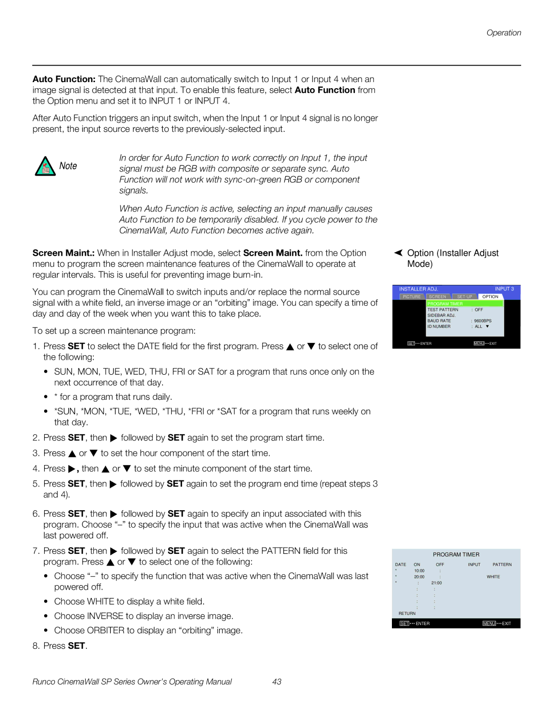 Runco SP-50xa, SP-60xa, SP-42xa manual Option Installer Adjust Mode, Installer ADJ Input 