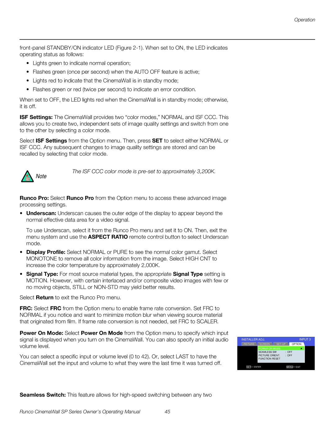 Runco SP-42xa, SP-60xa, SP-50xa manual ISF CCC color mode is pre-set to approximately 3,200K 