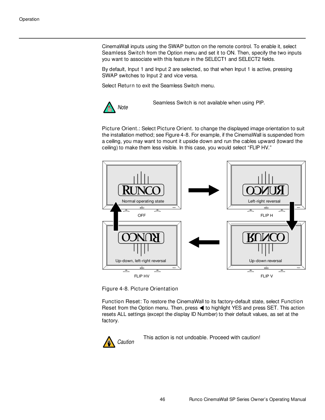 Runco SP-50xa, SP-60xa Seamless Switch is not available when using PIP, This action is not undoable. Proceed with caution 