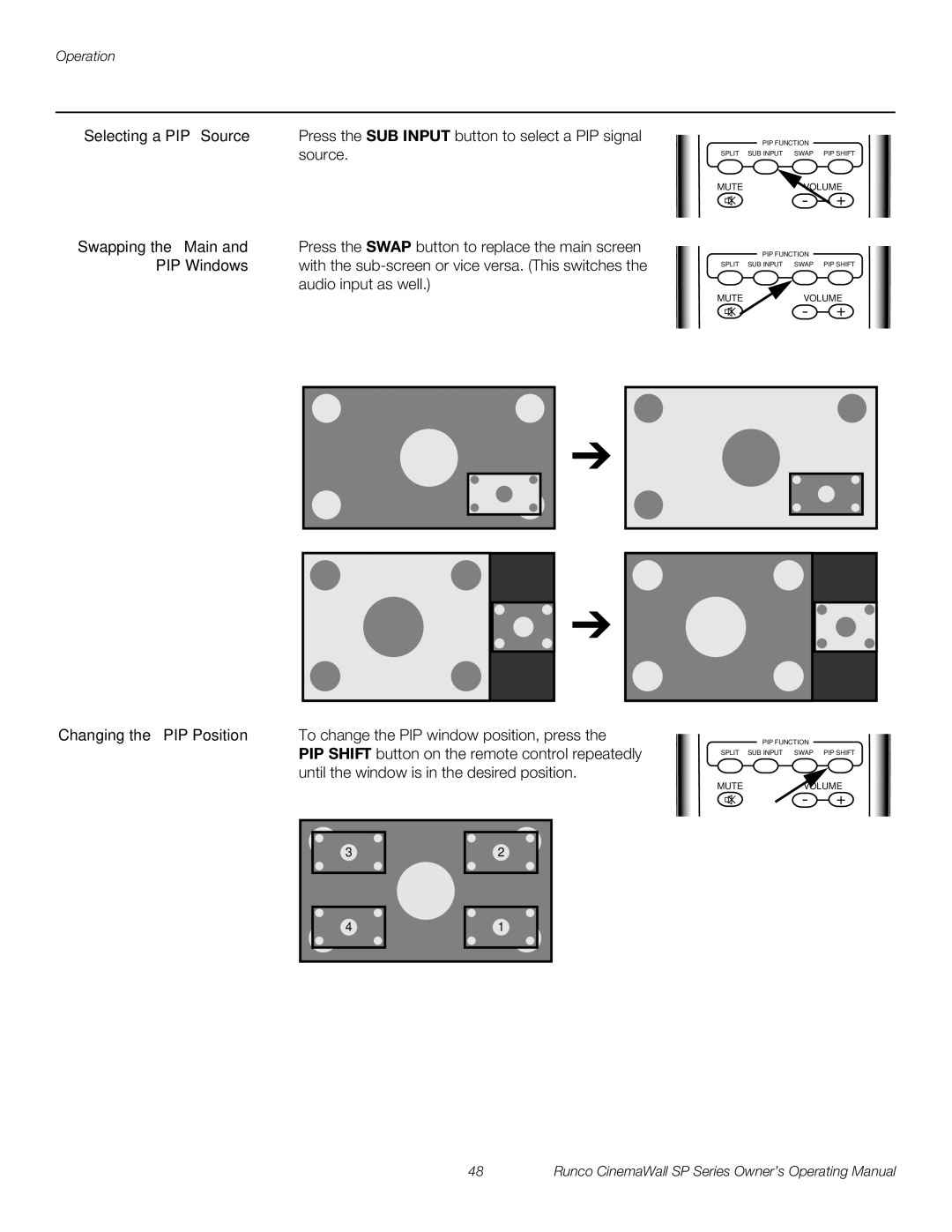 Runco SP-42xa, SP-60xa, SP-50xa manual Swapping the Main, PIP Windows 