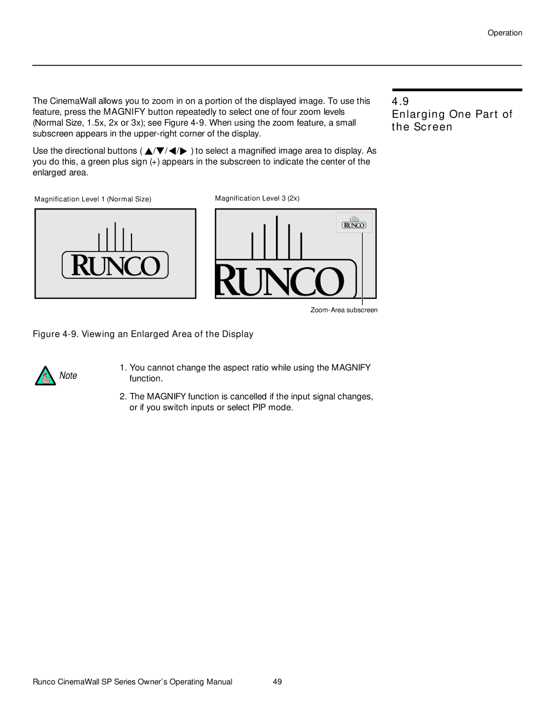 Runco SP-50xa, SP-60xa, SP-42xa manual Enlarging One Part of the Screen, Viewing an Enlarged Area of the Display 