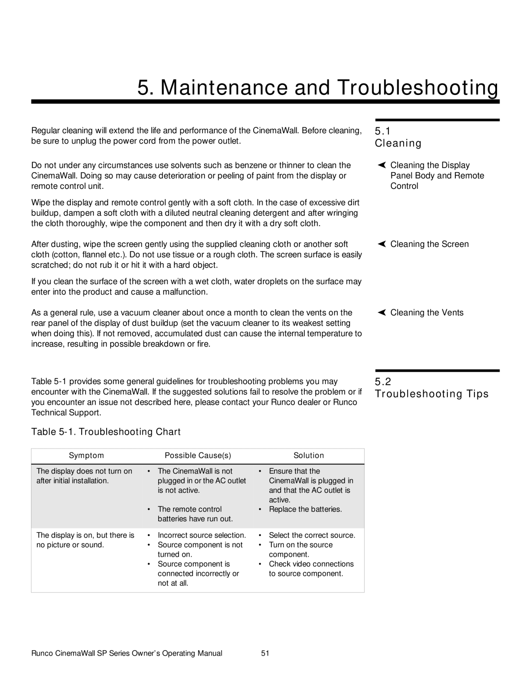 Runco SP-42xa, SP-60xa Maintenance and Troubleshooting, Troubleshooting Tips, Cleaning the Screen Cleaning the Vents 