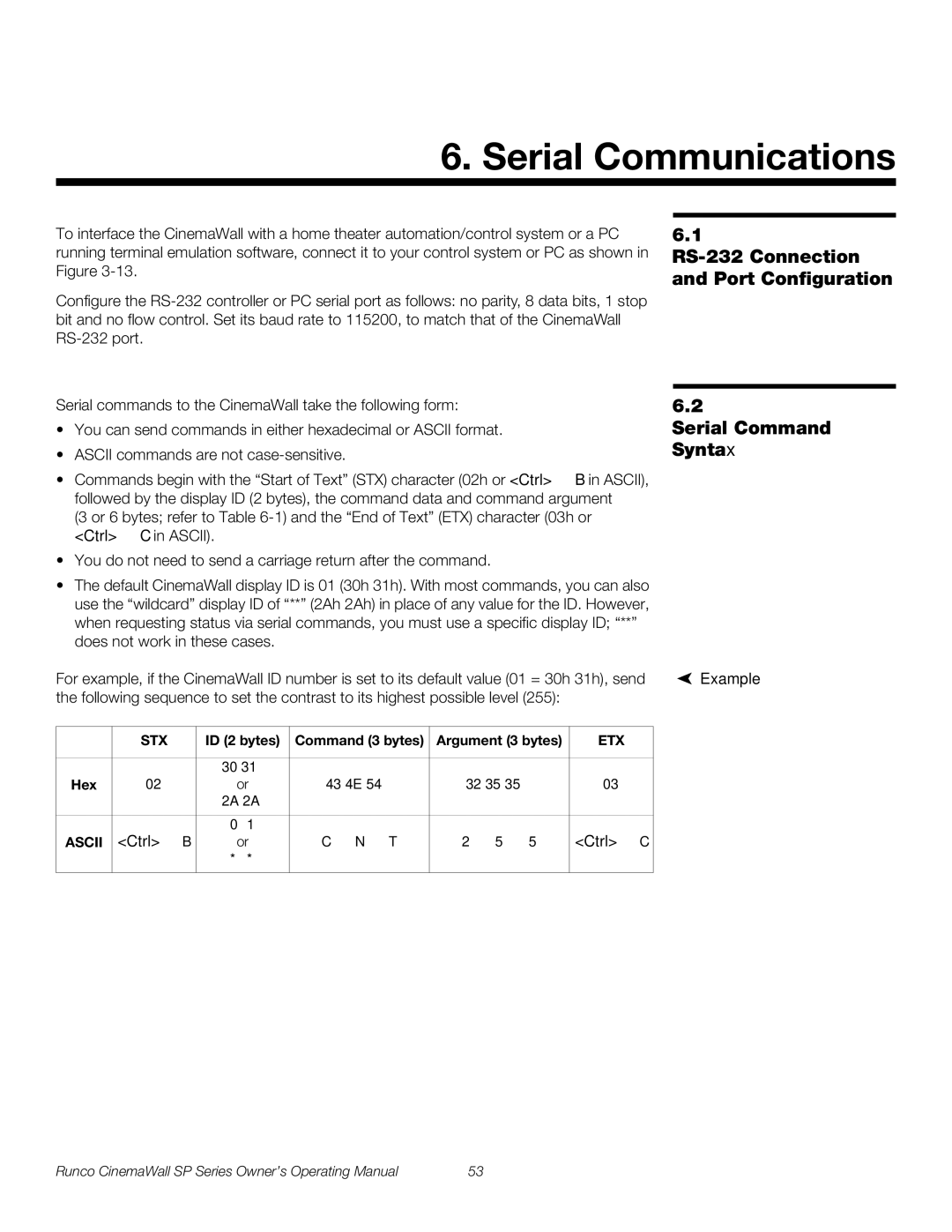 Runco SP-60xa, SP-42xa Serial Communications, RS-232 Connection and Port Configuration, Serial Command Syntax, Example 