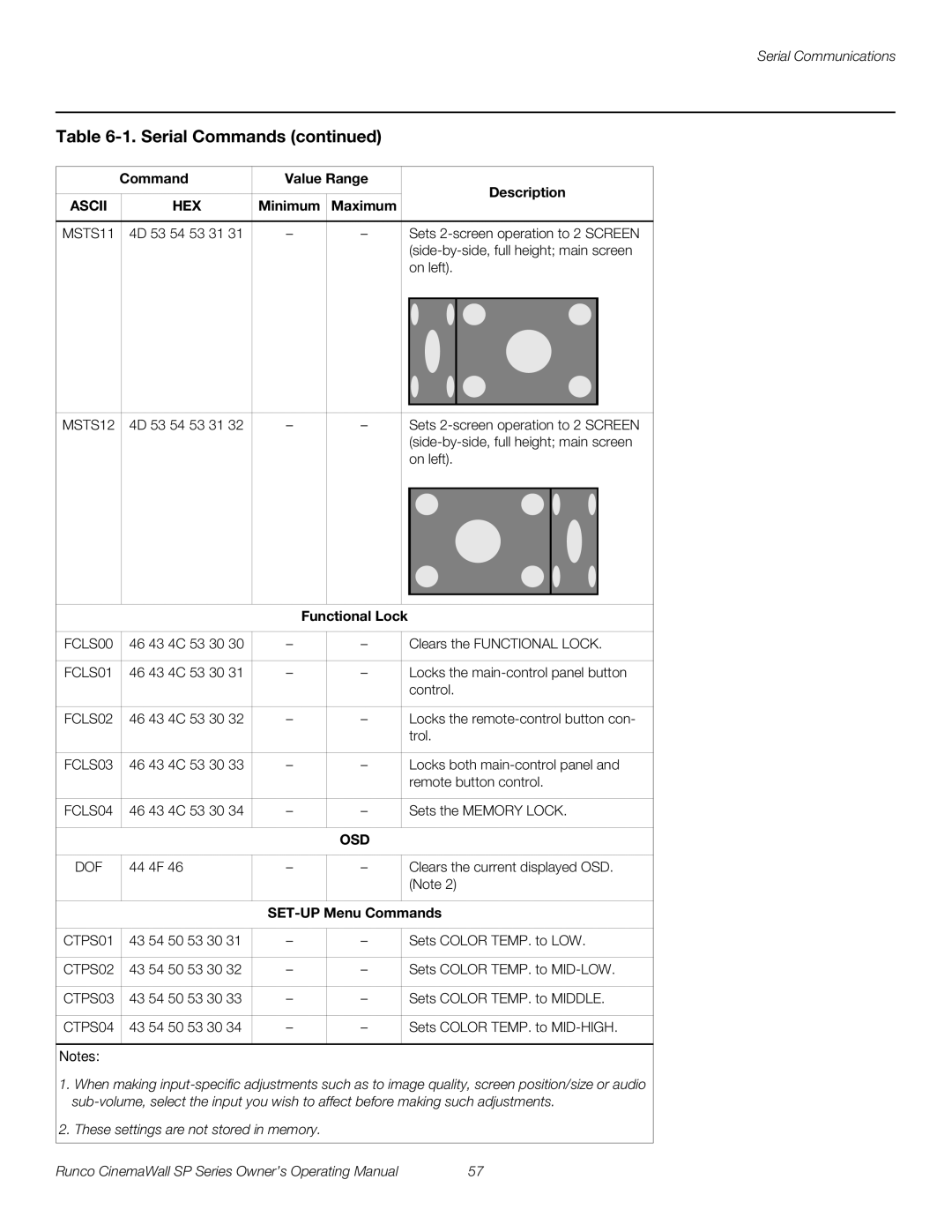 Runco SP-42xa manual Sets 2-screen operation to 2 Screen, Side-by-side, full height main screen, On left, Functional Lock 