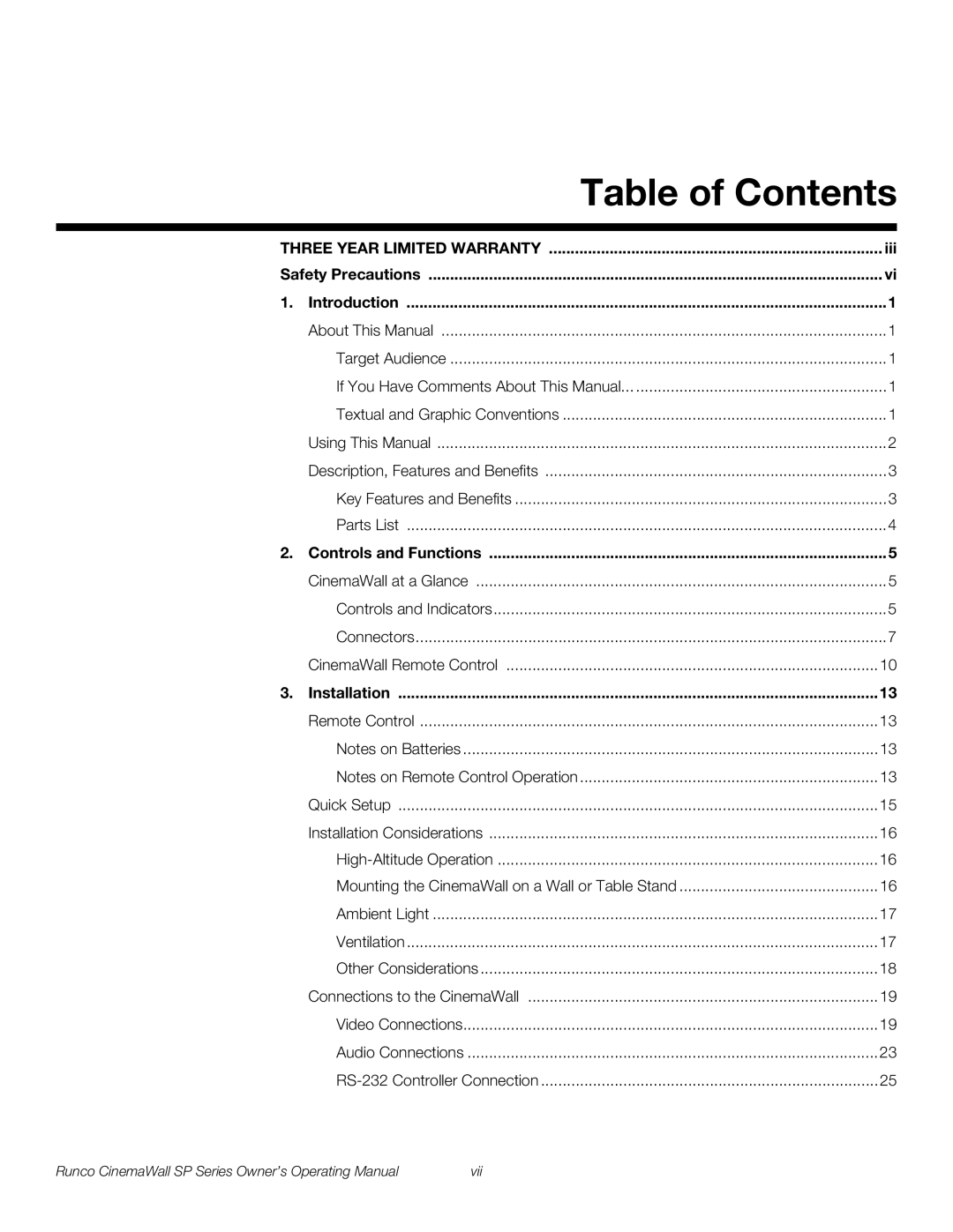 Runco SP-42xa, SP-60xa, SP-50xa manual Table of Contents 