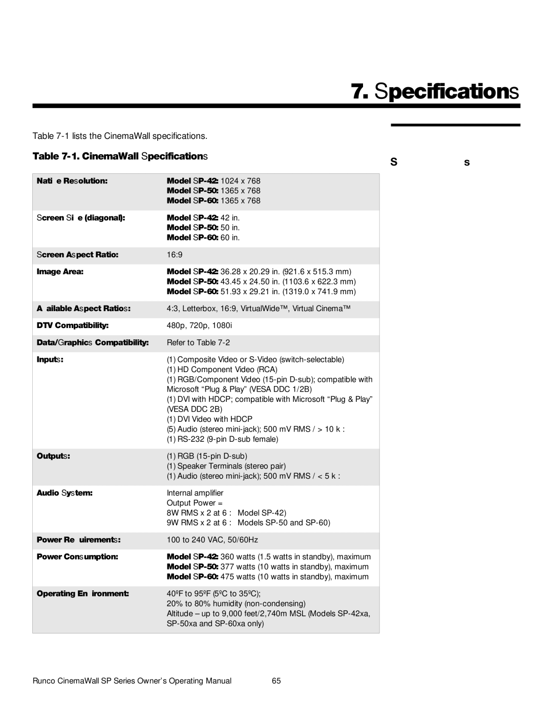 Runco SP-60xa, SP-42xa, SP-50xa manual CinemaWall Specifications 