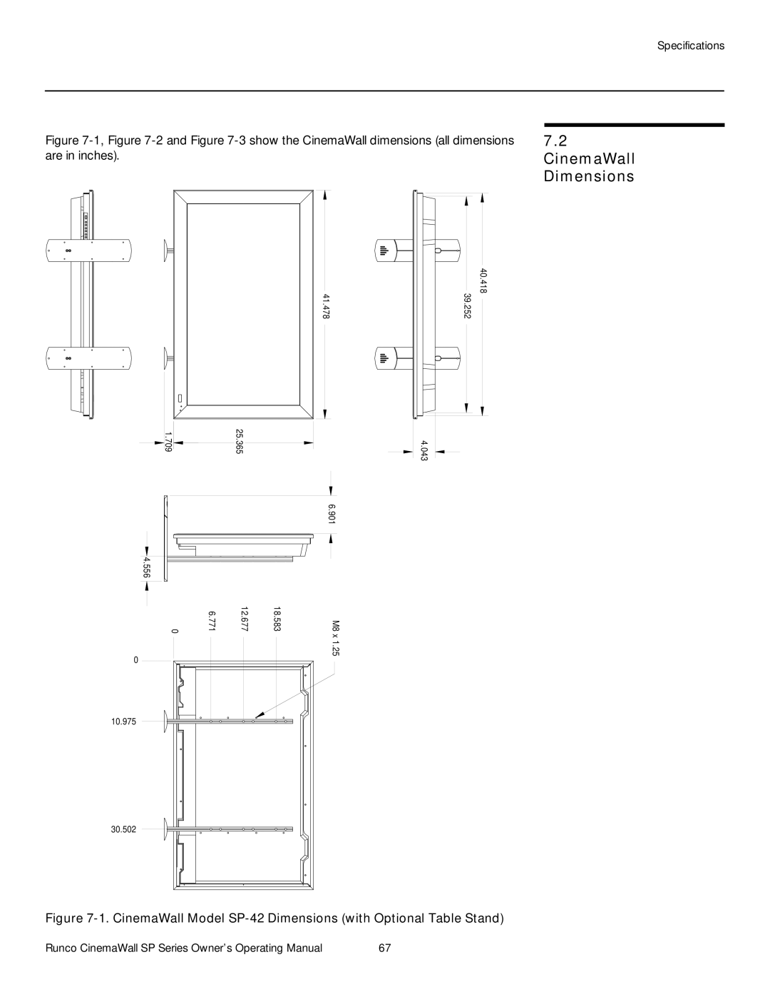 Runco SP-50xa, SP-60xa, SP-42xa manual CinemaWall, Dimensions 