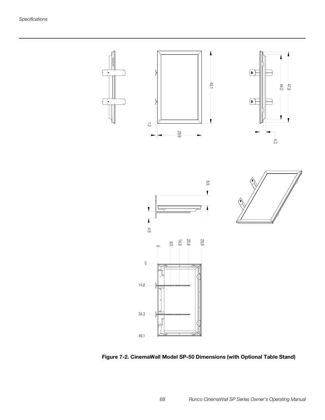 Runco SP-60xa, SP-42xa, SP-50xa manual CinemaWall Model SP-50 Dimensions with Optional Table Stand 