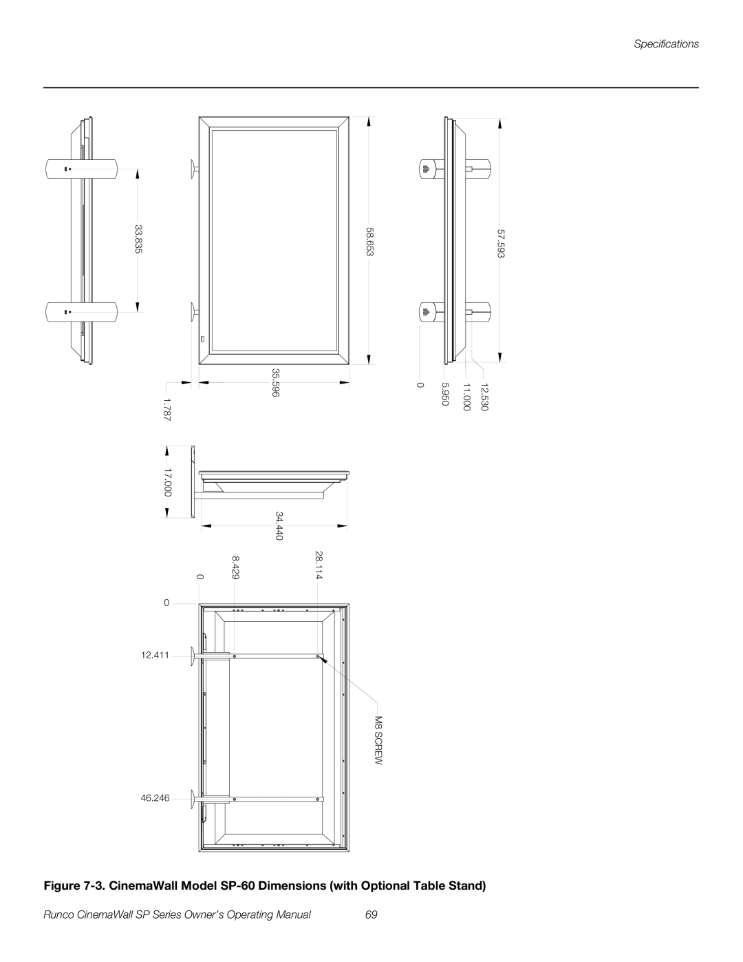 Runco SP-42xa, SP-60xa, SP-50xa manual CinemaWall Model SP-60 Dimensions with Optional Table Stand 