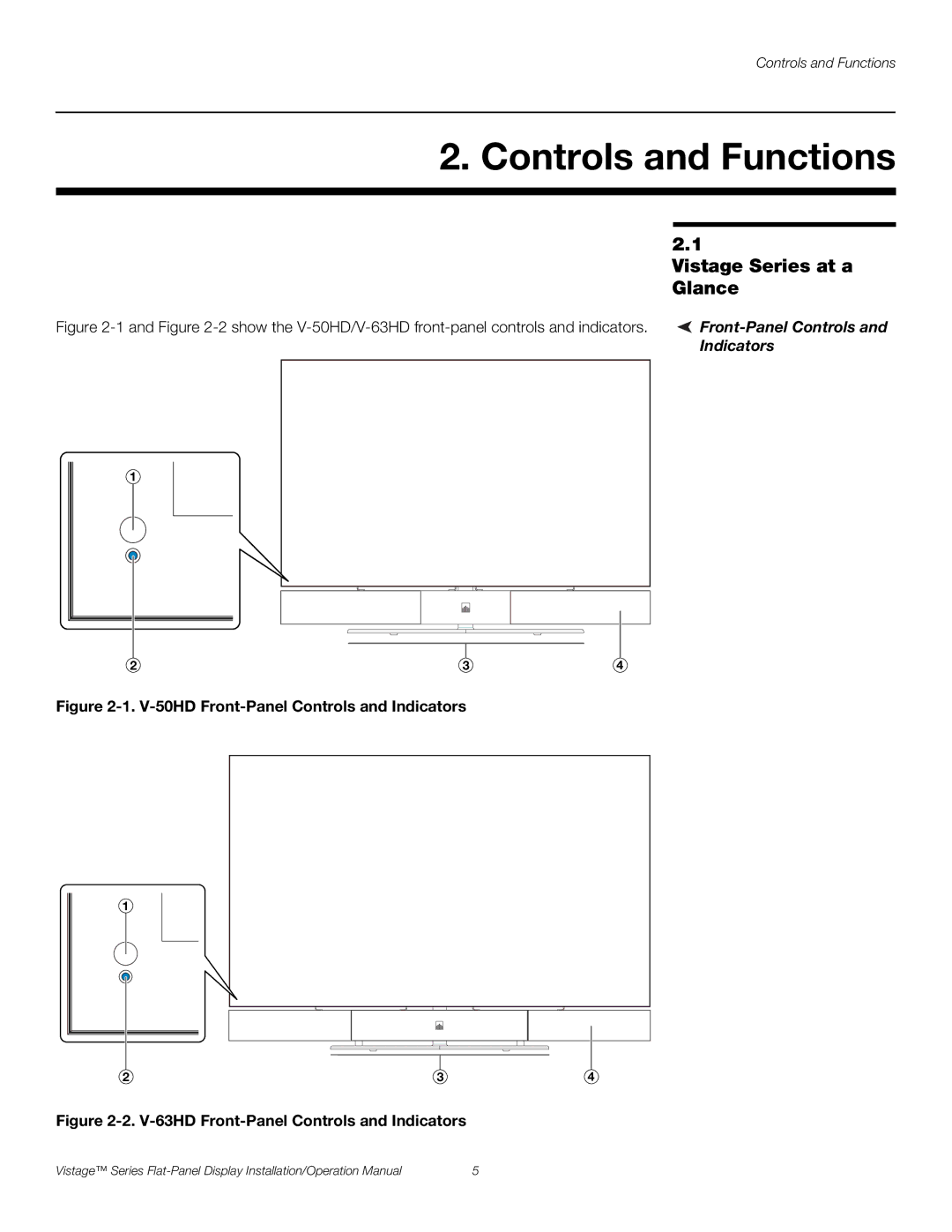 Runco V-50HD, V-63HD operation manual Controls and Functions, Vistage Series at a Glance, Front-Panel Controls, Indicators 